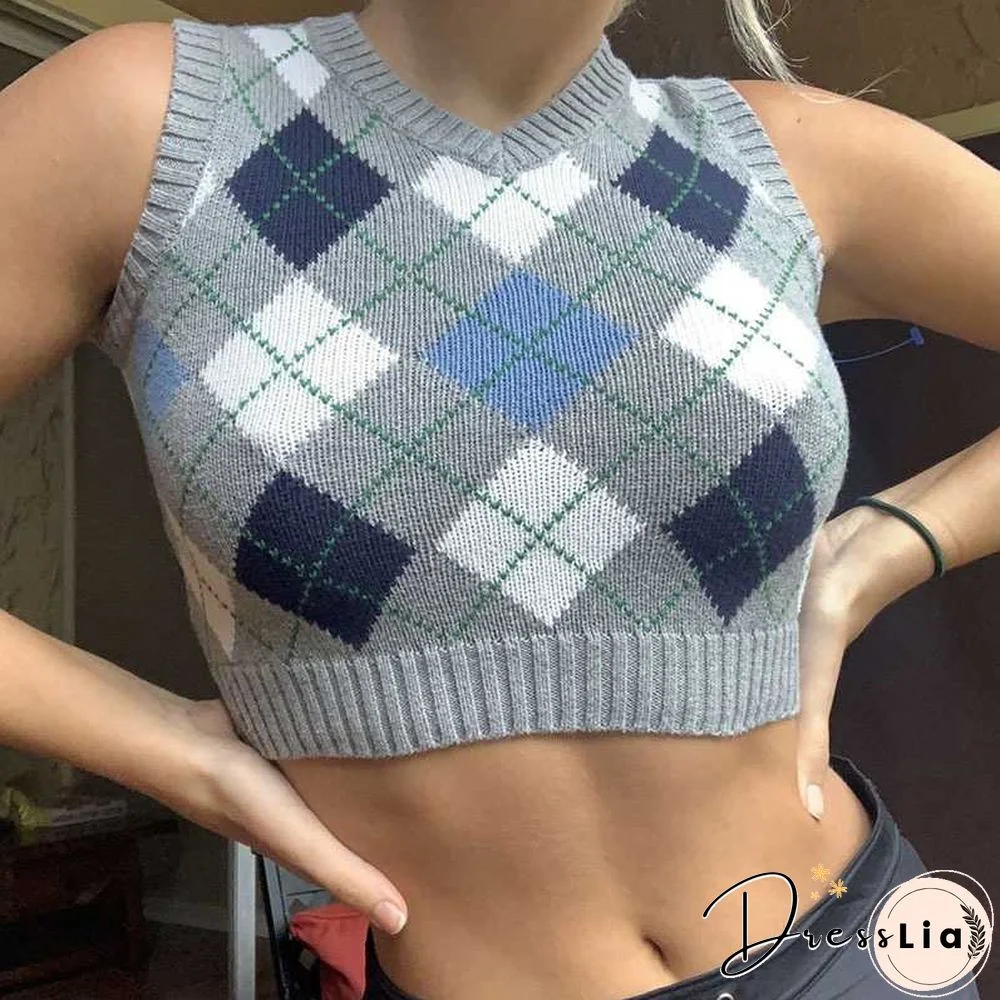 Checkered Cropped Knitted Tank Argyle Sleeveless Jumper