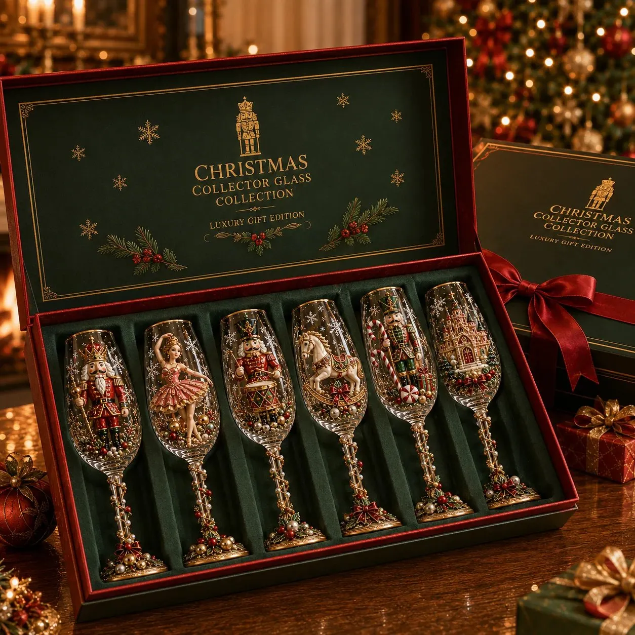 Complete six piece Christmas champagne glass collection