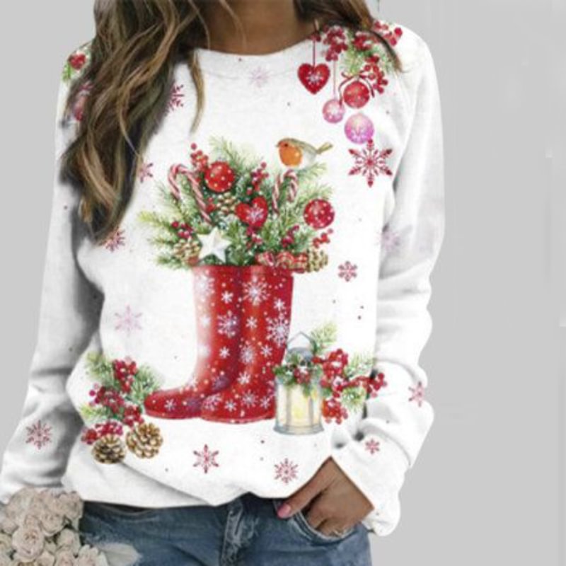 White Crew Neck Christmas Boots Snowflake Printed Sweatshirt