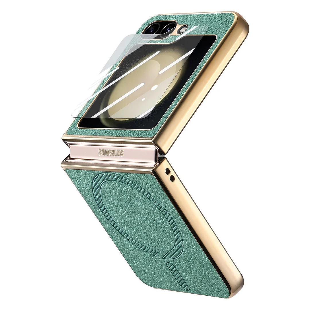 Luxury Wireless Charger Lichi Plating Case With Glass For Samsung Galaxy Z Flip 6 5 4 Mobile phone case