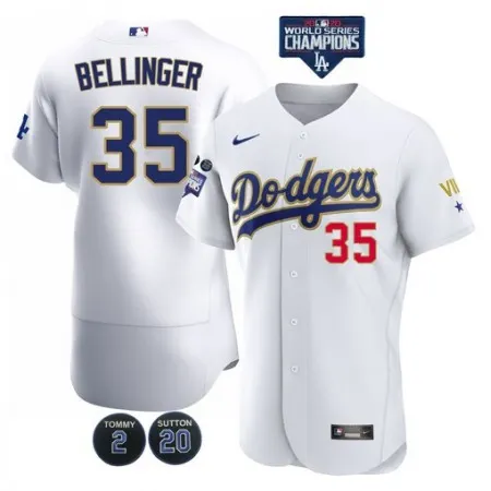 Men's Los Angeles Dodgers #35 Cody Bellinger White Gold Championship Flex Base Sttiched MLB Jersey UNKV