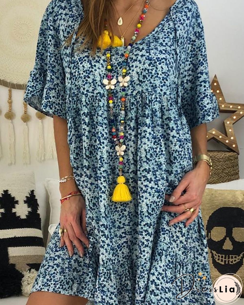 Casual Floral Printed Crew Neck Short Sleeve Plus Size Dress