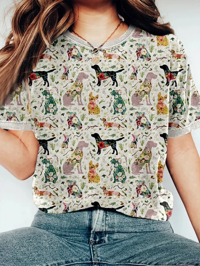 Women's Vintage Patchwork Dog Print T-shirt