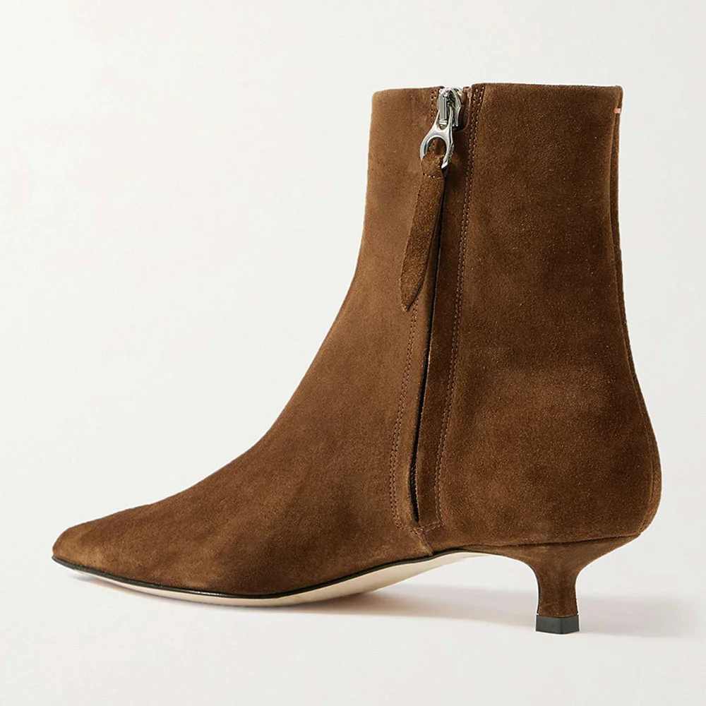 Vegan Suede Side Zipper Pointed Toe Kitten Heel Ankle Boots in Brown