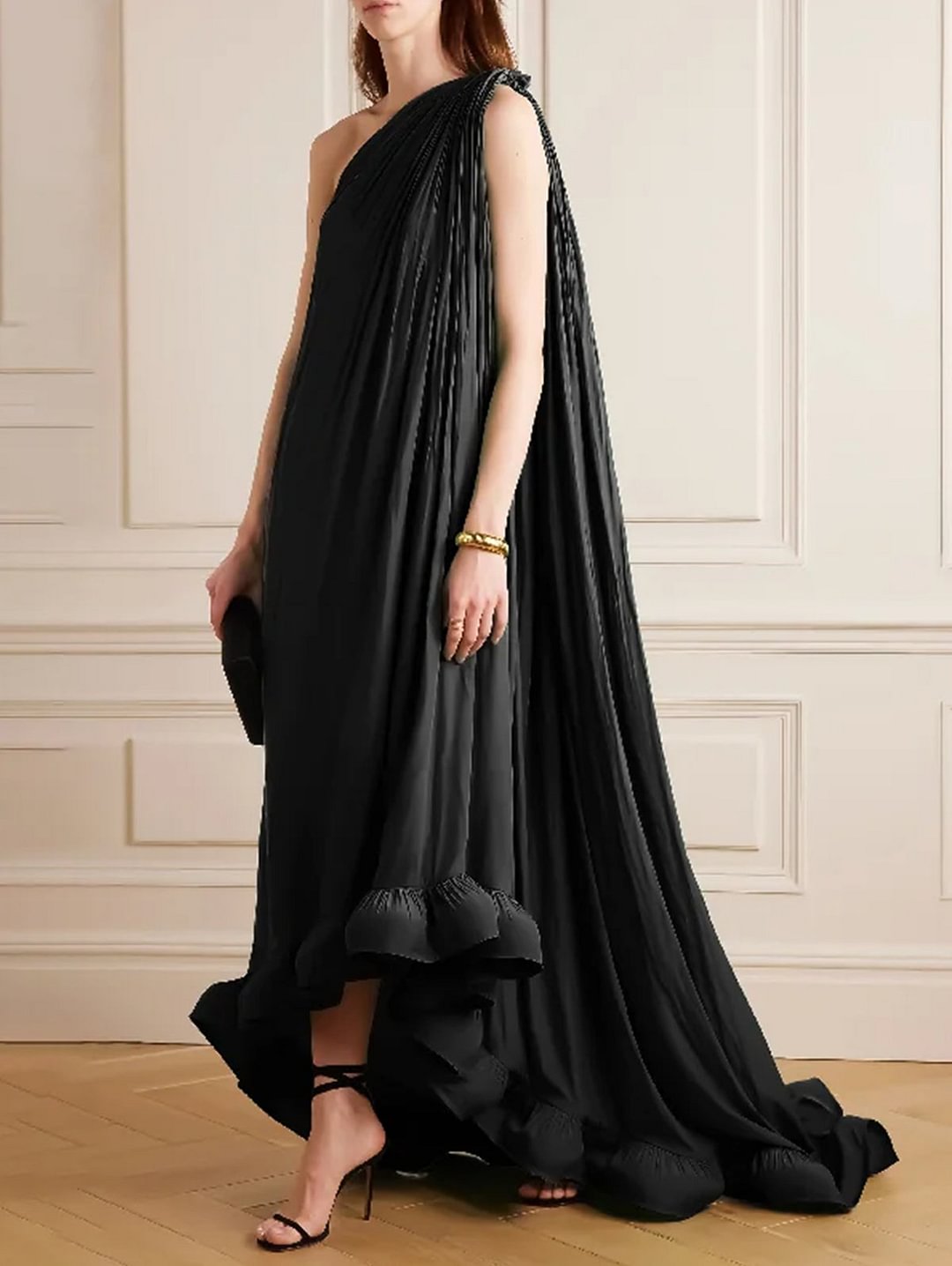 Elegant Plain One Shoulder Pleated Sleeveless Hi-Low Maxi Dress