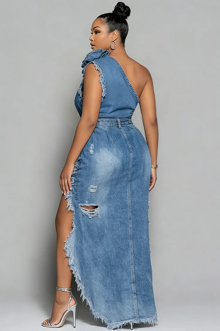 Xpluswear Design Plus Size Party Blue One Shoulder 3D Distressed Denim Maxi Dresses [Pre-Order]