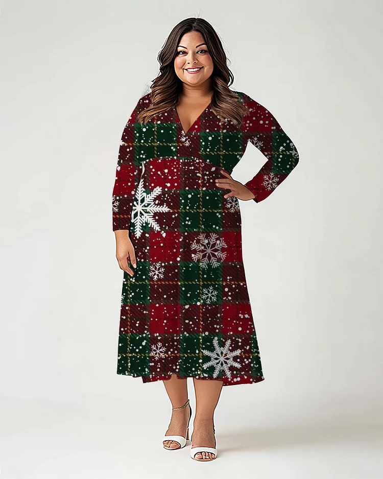 Plus Size Women's Christmas Prints  Long Sleeve V Neck Dress