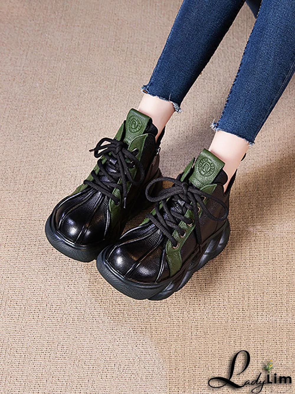 Women Vintage Colorblock Leather Platform Boots