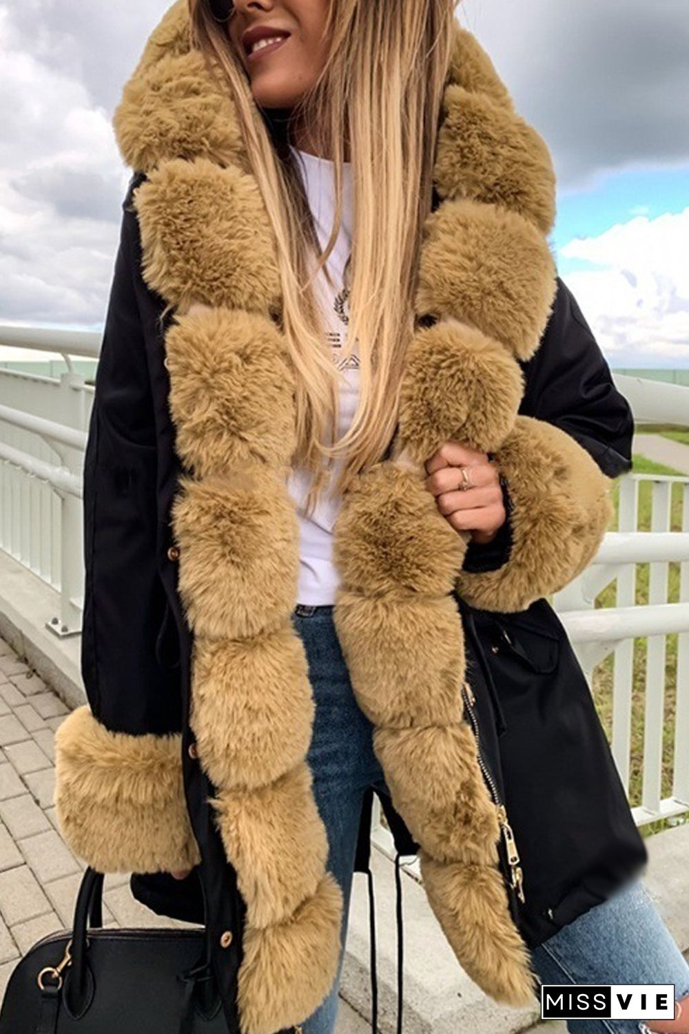 Drawstring Waist Fur Collar Fluffy Hooded Coat