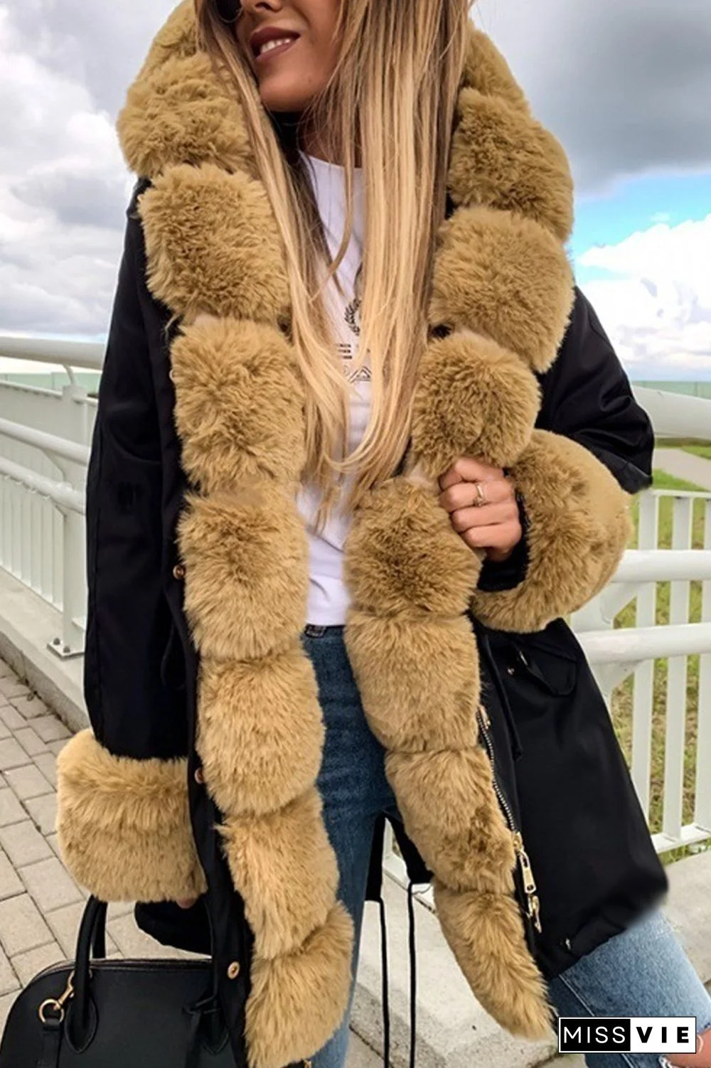 Drawstring Waist Fur Collar Fluffy Hooded Coat