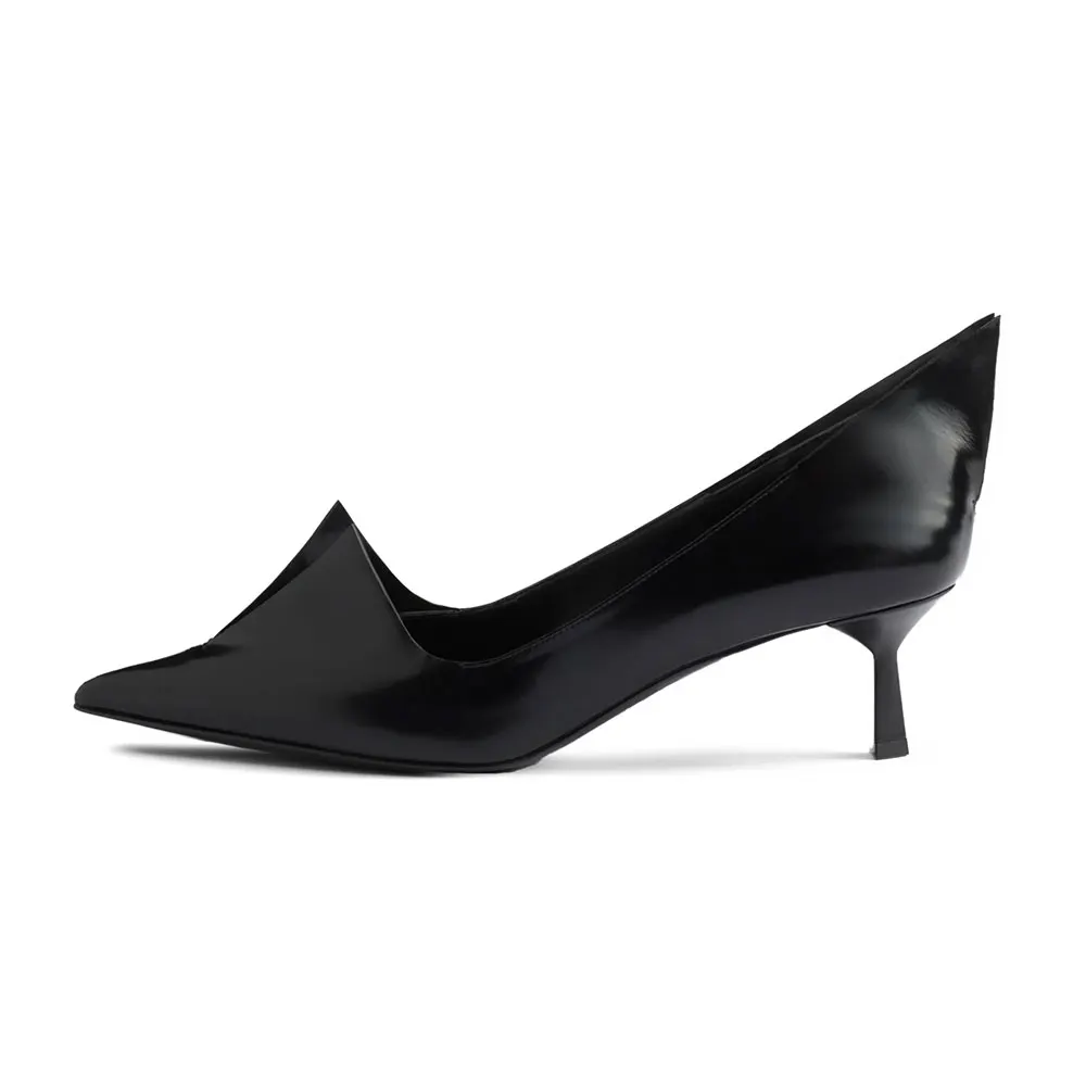 Trendy Cut-Out Mid Flared Heel Pointed Toe Black Pumps for Women