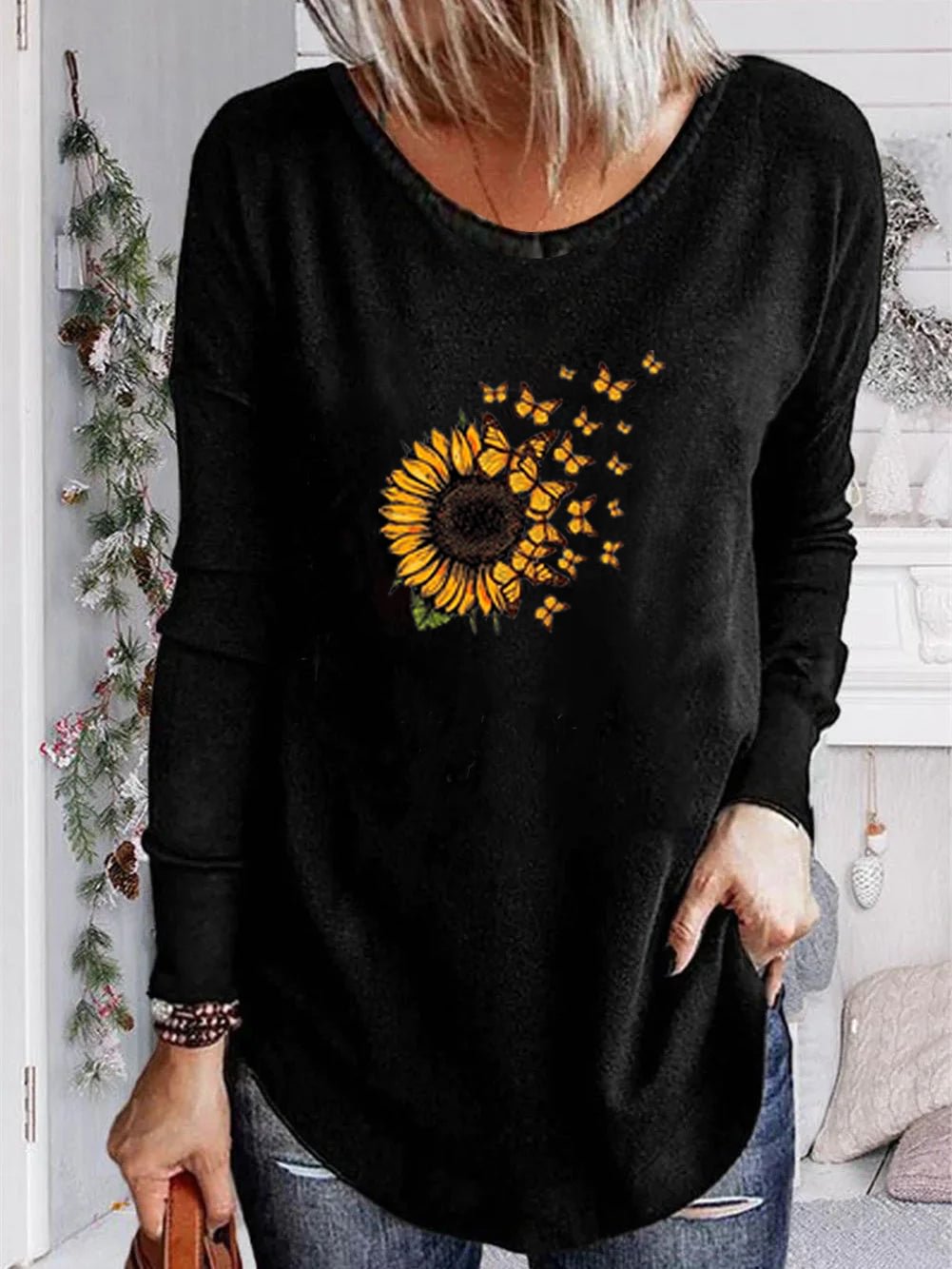 Unisex 100% Cotton Long Sleeve Crew Neck Sunflower Shirt