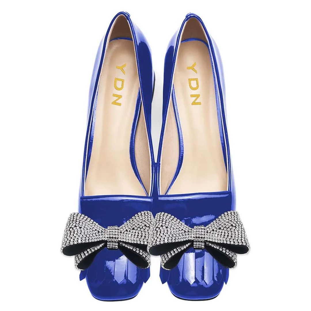 YDN Shiny Blue Rhinestone Bow Square Toe Fringe Low Heel Pumps