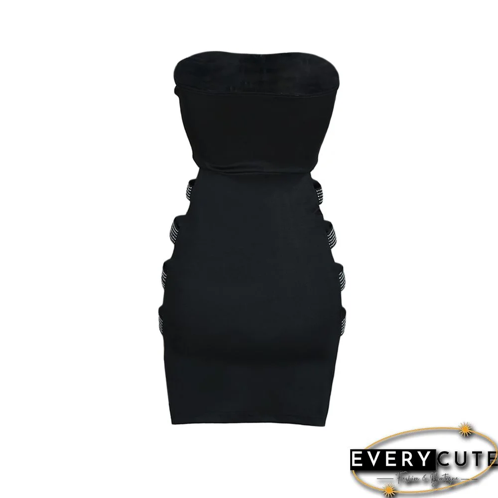 Women&rsquo;s Sexy Bodycon Pencil Dress Rhinestone Hollow Out Off Shoulder Solid Color Skinny Mini Short Dress Party Nightclub Wear