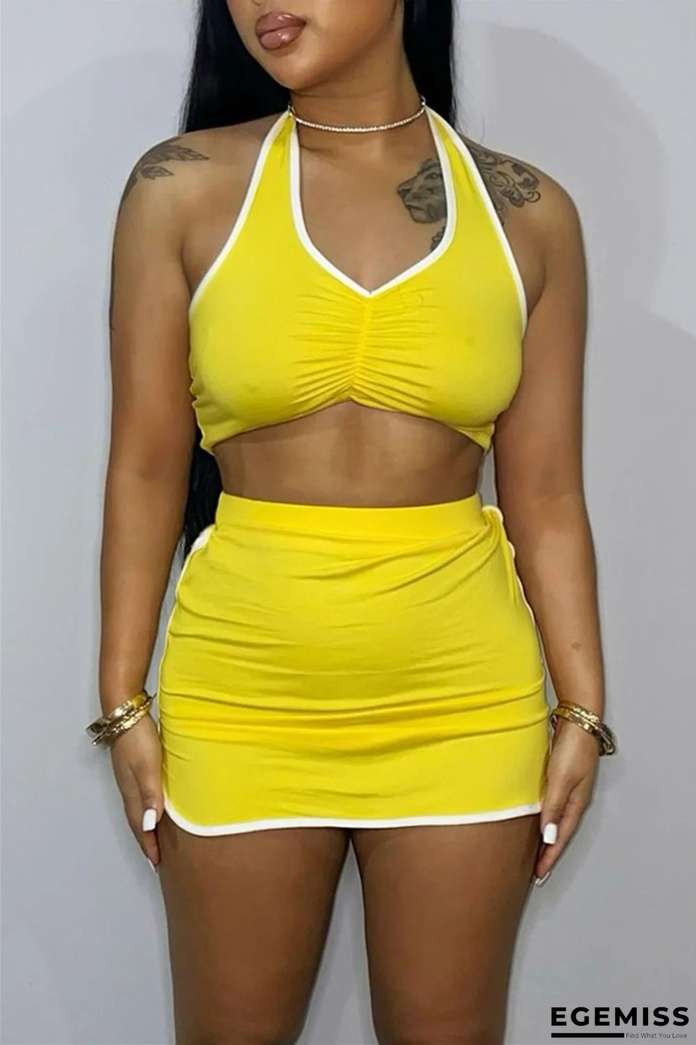 Yellow Sexy Casual Solid Patchwork Backless Halter Sleeveless Two Pieces | EGEMISS