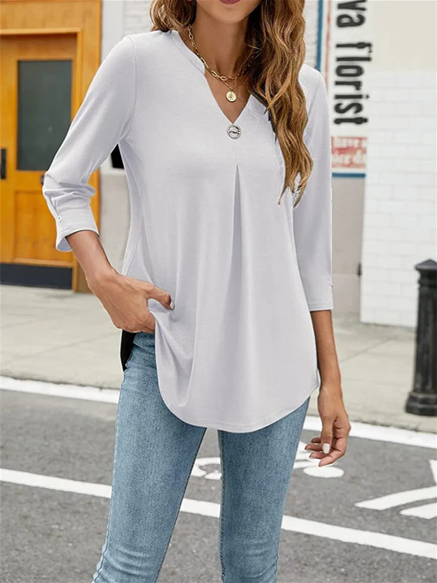 Women's 3/4 Sleeve V-neck Button Pleated Tops