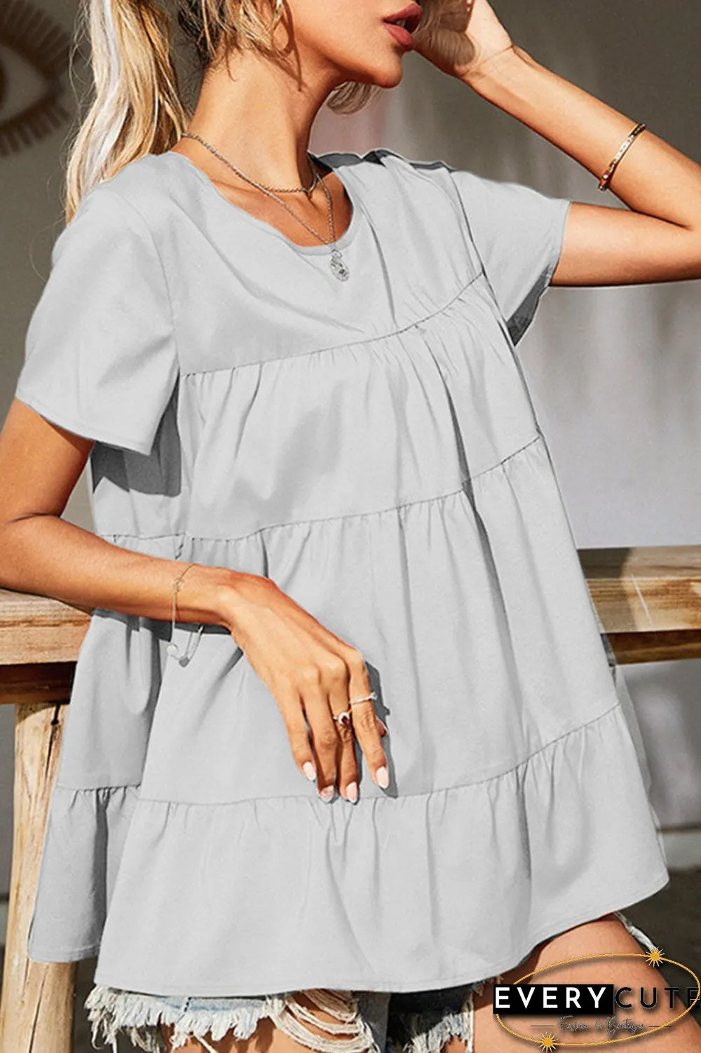 Fashion Casual Solid Split Joint O Neck Tops