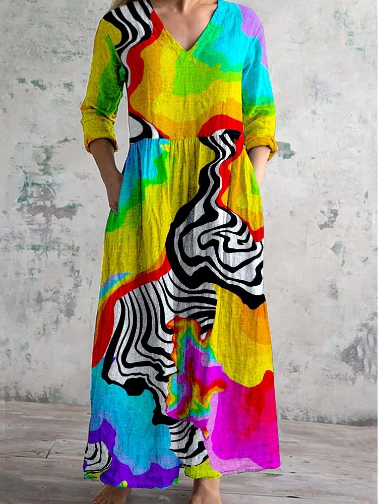 Women's Art Rainbow Zebra Stripe Print V-Neck Cotton and Linen Dress