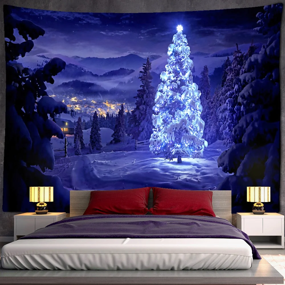 Night View Christmas Tree Tapestry Wall Hanging Holiday New Year Gift Dormitory Background Cloth Bed Curtain Home Decor