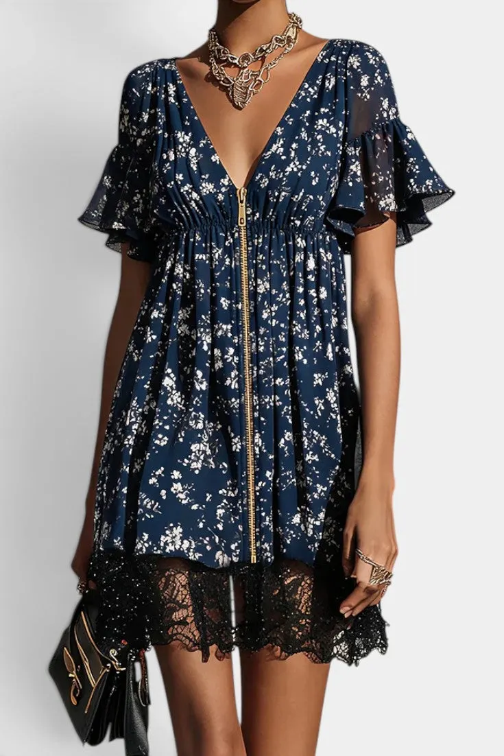 Deep Floral Zip Dress with Lace Hem