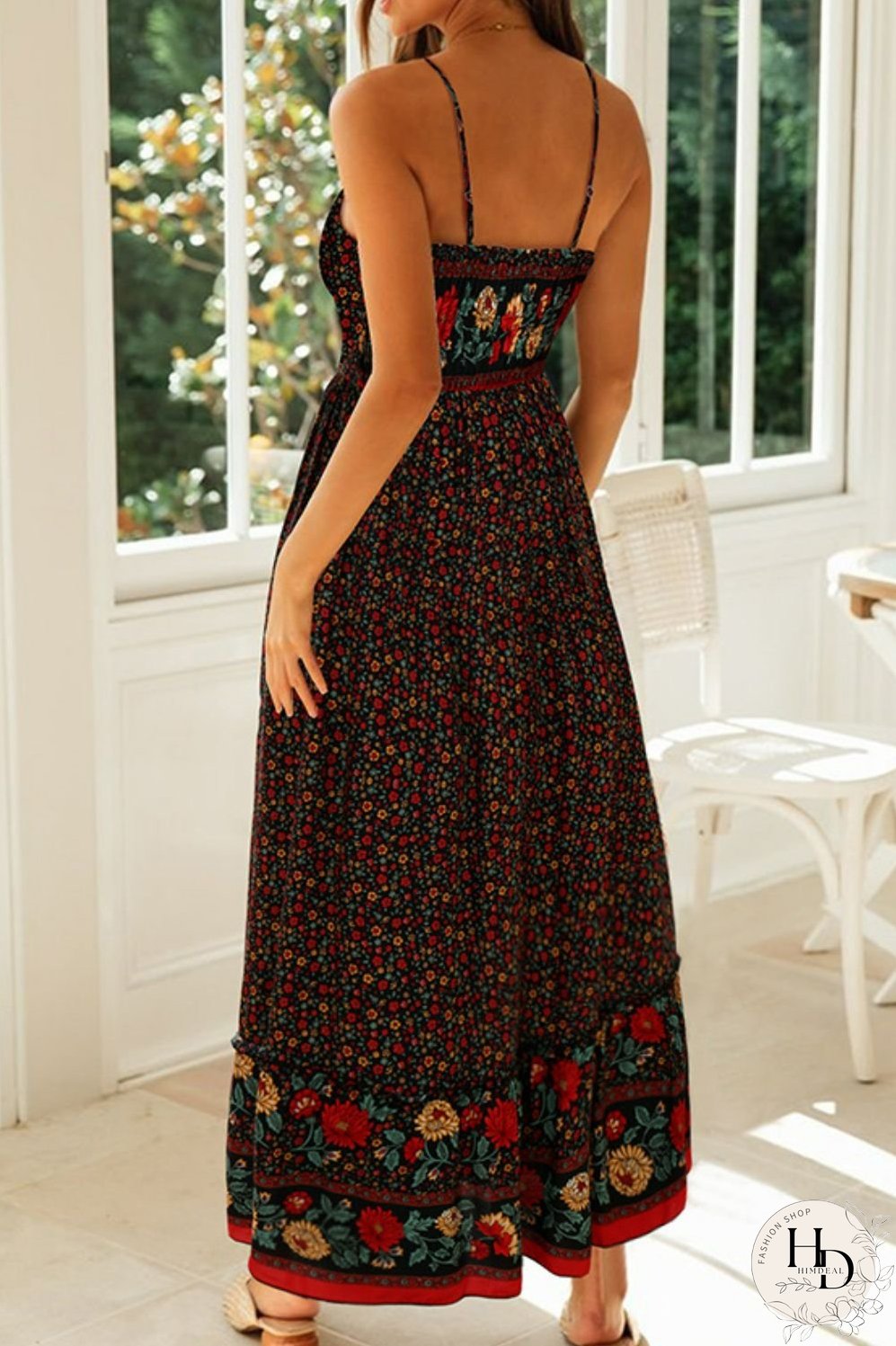 Bohemian Spaghetti Strap Frill Trim Maxi Dress