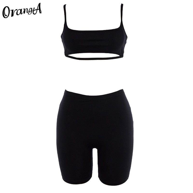 OrangeA 2021 Summer Women Camisole Crop Top+Biker Shorts 2 Piece Set Slash Neck Sleeveless Solid Elastic Casual Vacation Outfits