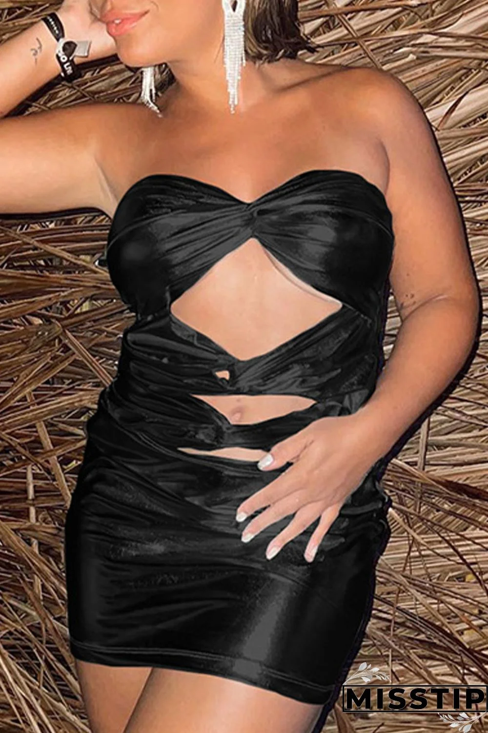 Black Sexy Street Party Solid Hollowed Out Patchwork Strapless One Step Skirt Dresses