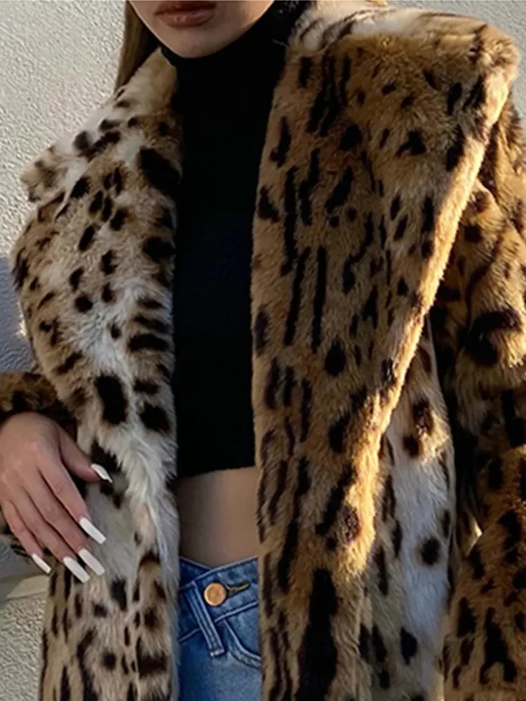 Huiketi Winter Long Warm Thick Leopard Fluffy Faux Fur Coat Women Tiger Print Runway Loose Luxury Designer Clothing Women 2023