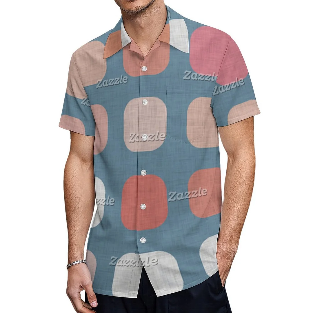 Short Sleeve Coral Blush Red Round Squares Hawaiian Shirt Mens Button Down Plus Size Tropical Hawaii Beach Shirts