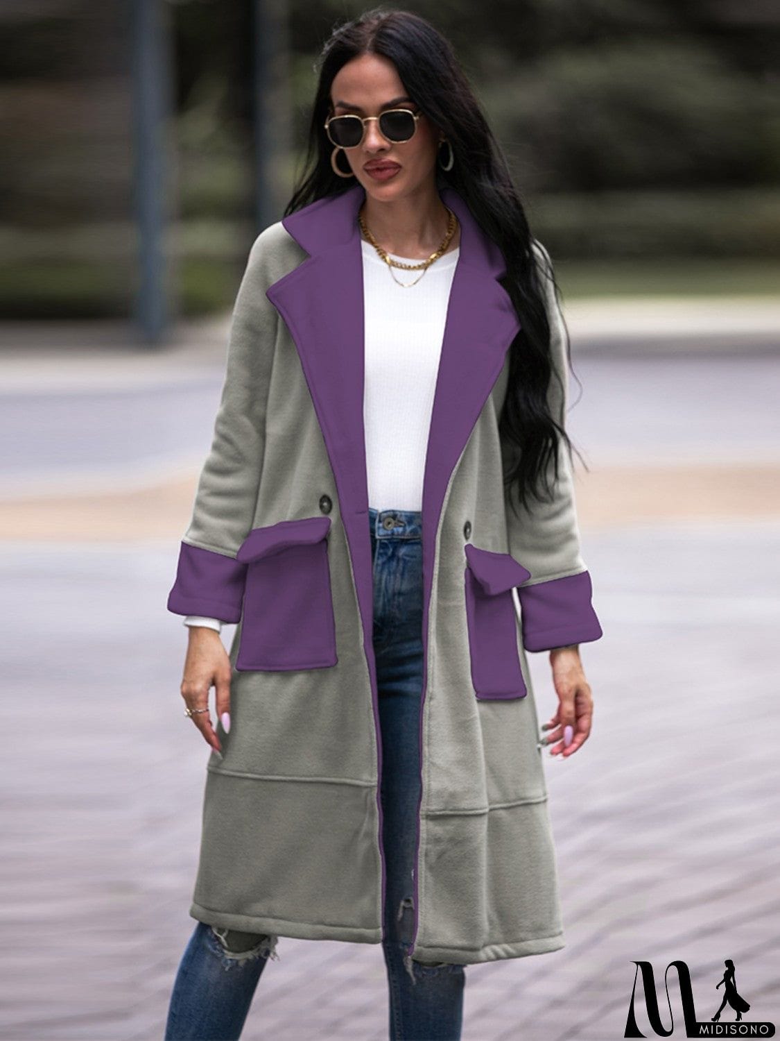 MidiSono - Contrast Lapel Collar Coat with Pockets