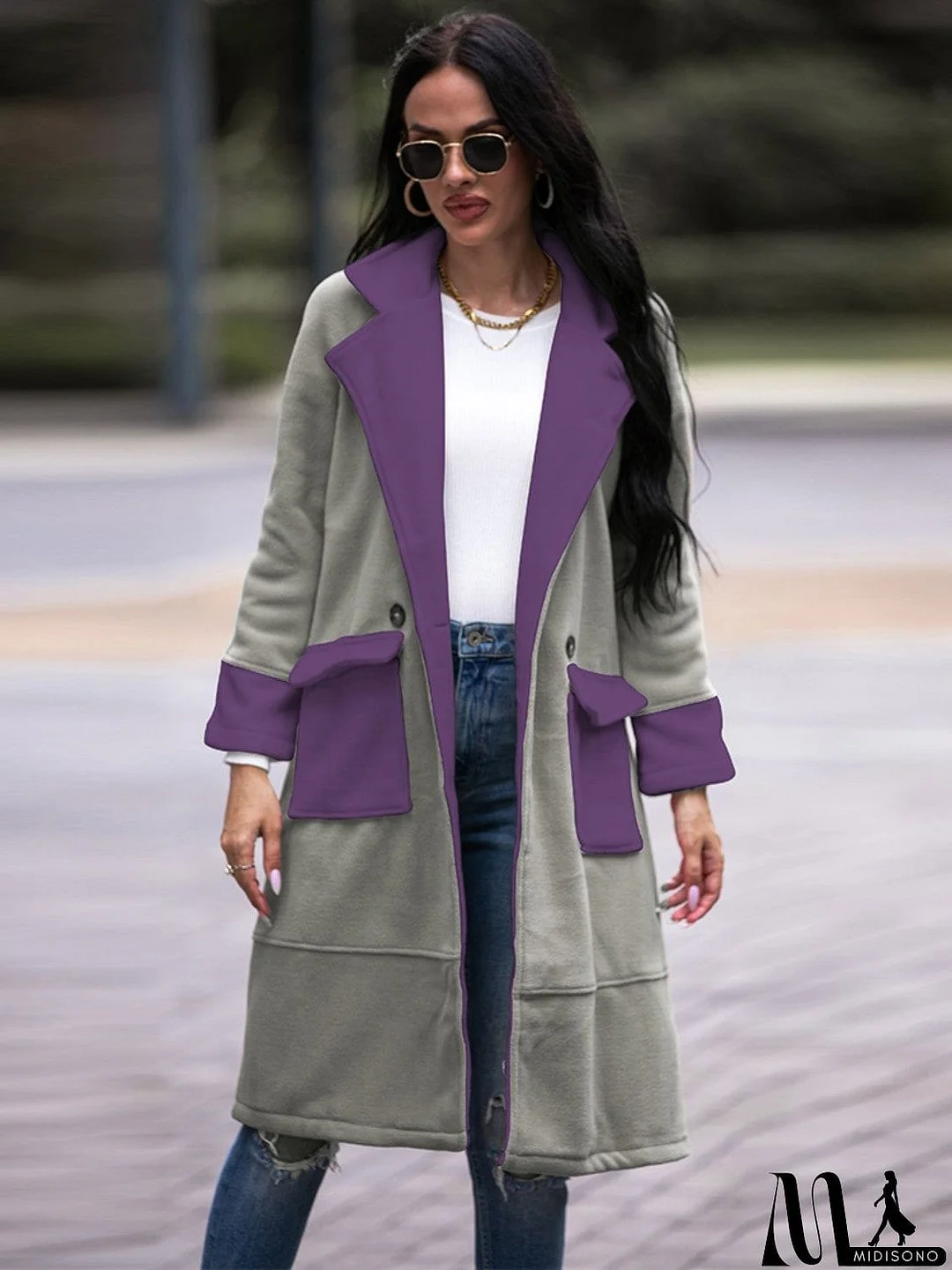 MidiSono - Contrast Lapel Collar Coat with Pockets