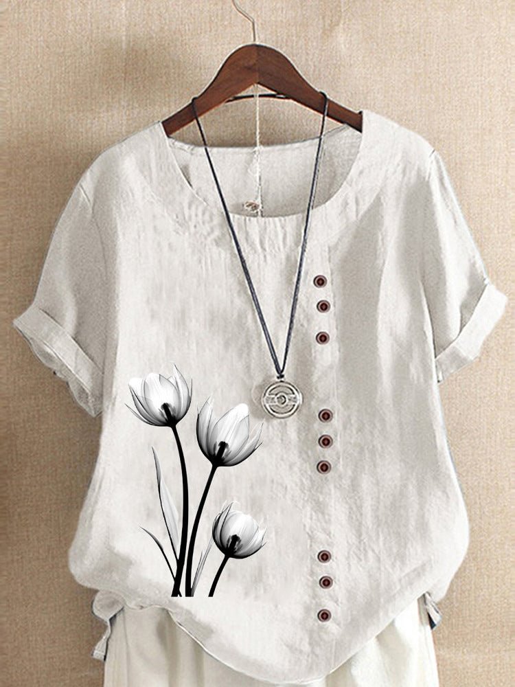 Women's Floral Print Button Decoration Casual Linen Tee