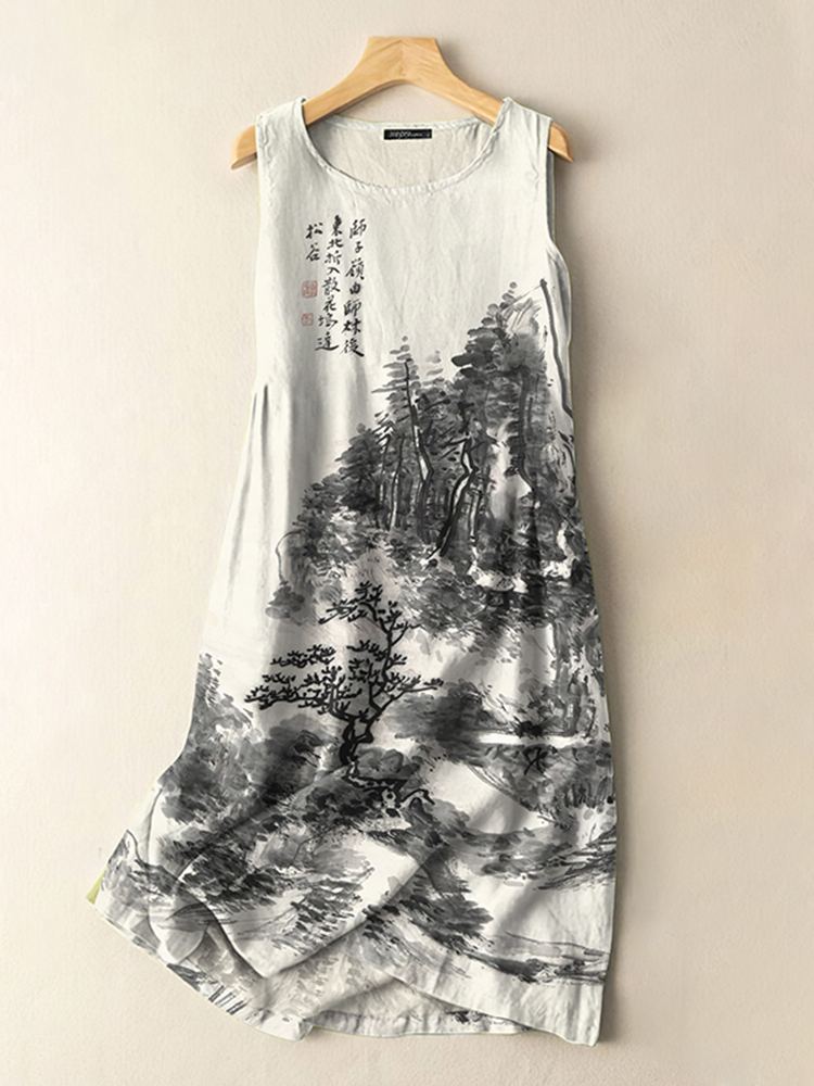 Comstylish Japanese Art Vintage Ink Pine Print Sleeveless Cotton And Linen Midi Dress
