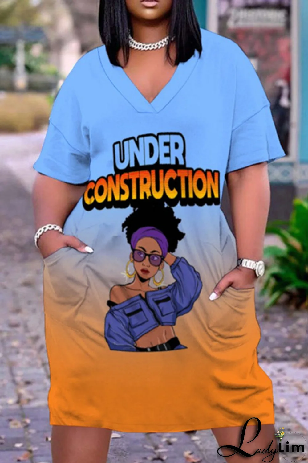 Rose Red Casual Gradual Change Print Pocket V Neck Straight Dresses