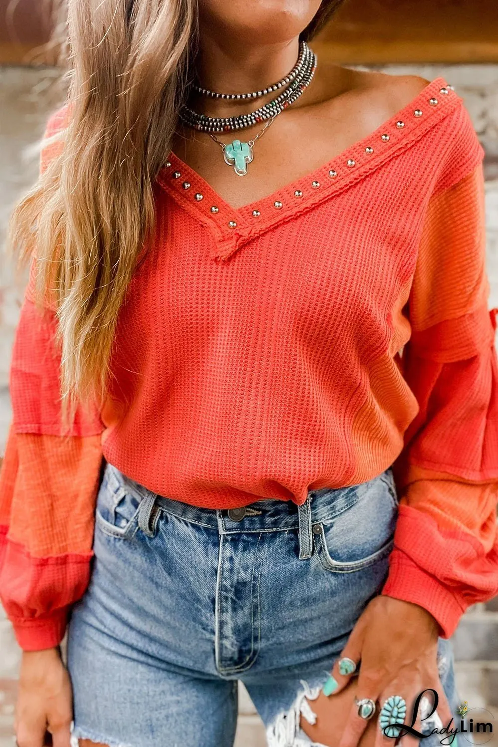 Studded V Neckline Textured Knit Top