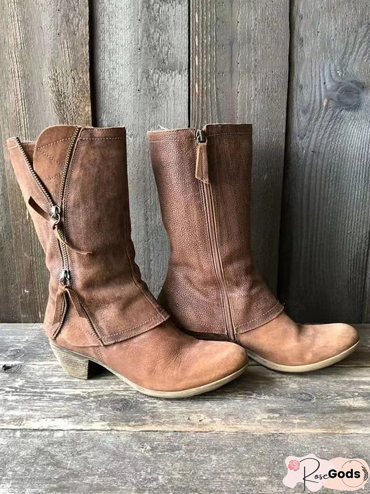 Zip-Panel Vintage Block Heel Western Cowboy Boots