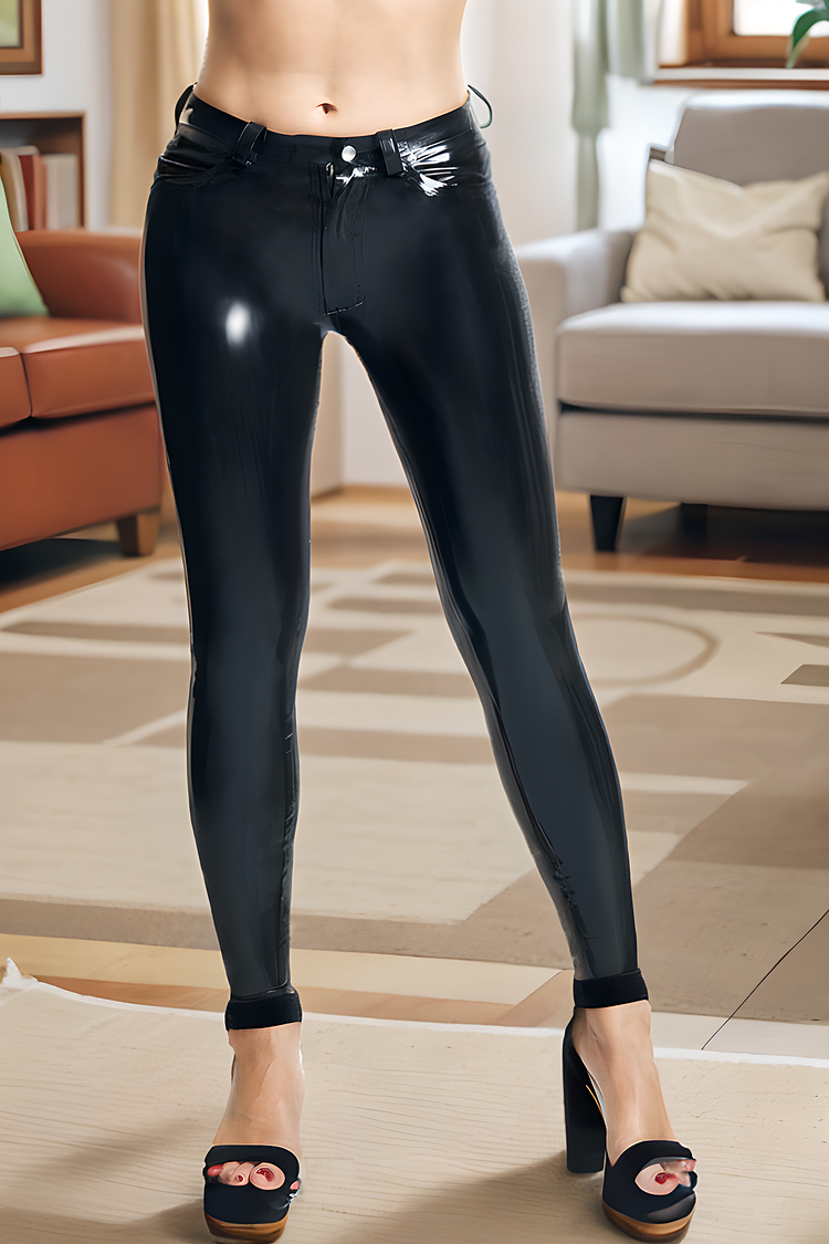 Women Latex Leggings Standard Female Skinny Jeans Black Classic Skinny Pants (KG31879)