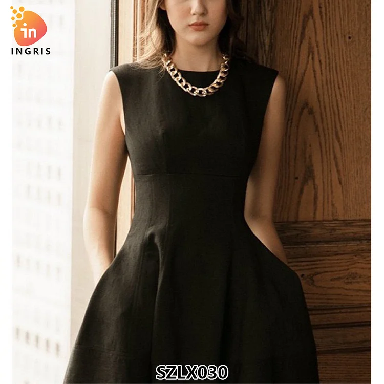 2025 summer casual party dress celebrity vent sleeveless O-neck black floor-length dress available in stock-SZLX030