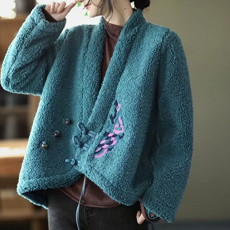 Ethnic Embroidered V-Neck Sherpa Wool Jacket