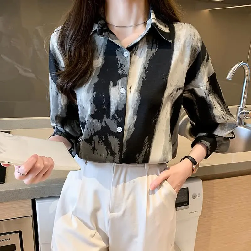 Vintage Ink Painting Long Sleeve Lapel Shirt Workwear