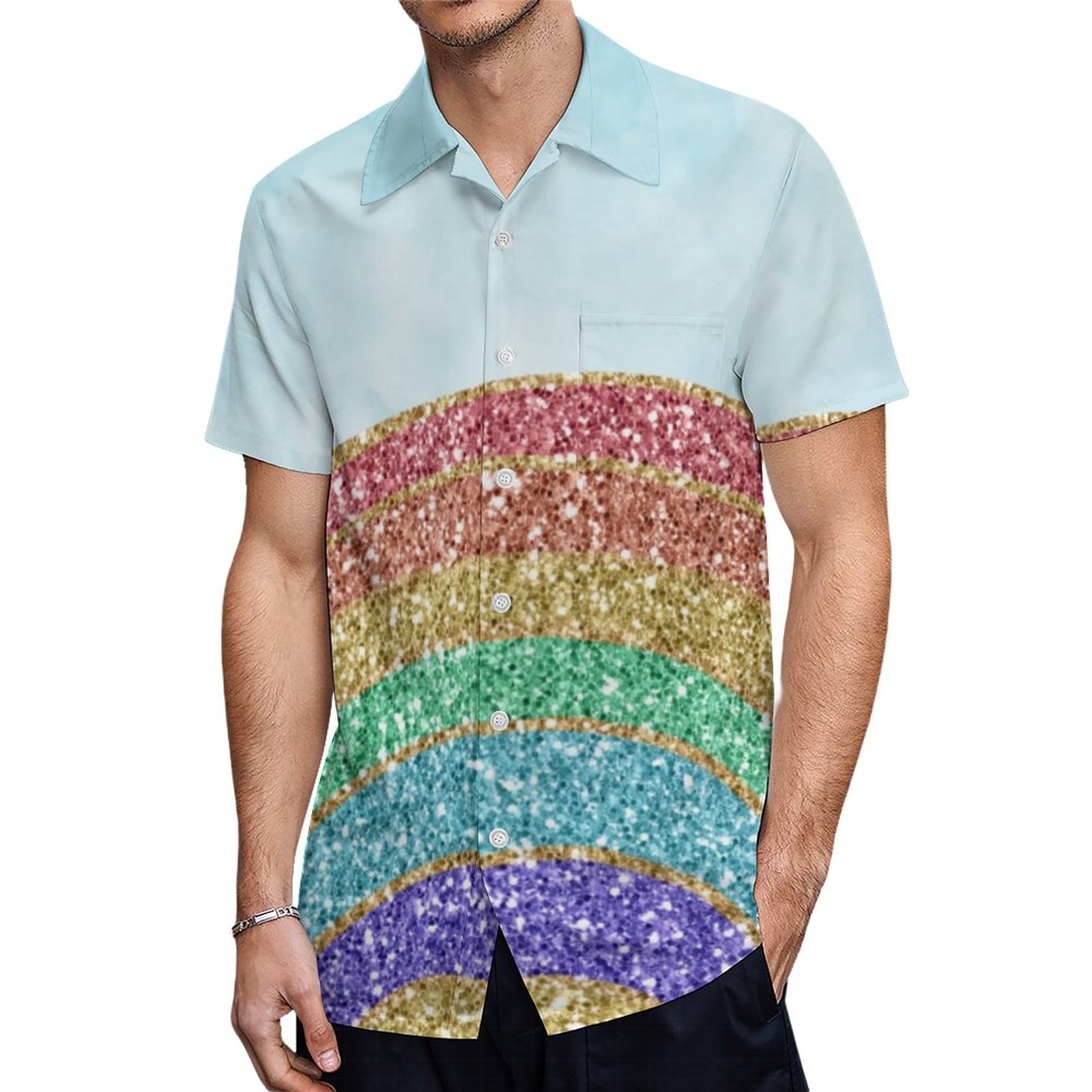 Glitter Sparkle Rainbow Sky Blue Hawaiian Shirt Mens Button Down Plus Size Tropical Hawaii Beach Shirts
