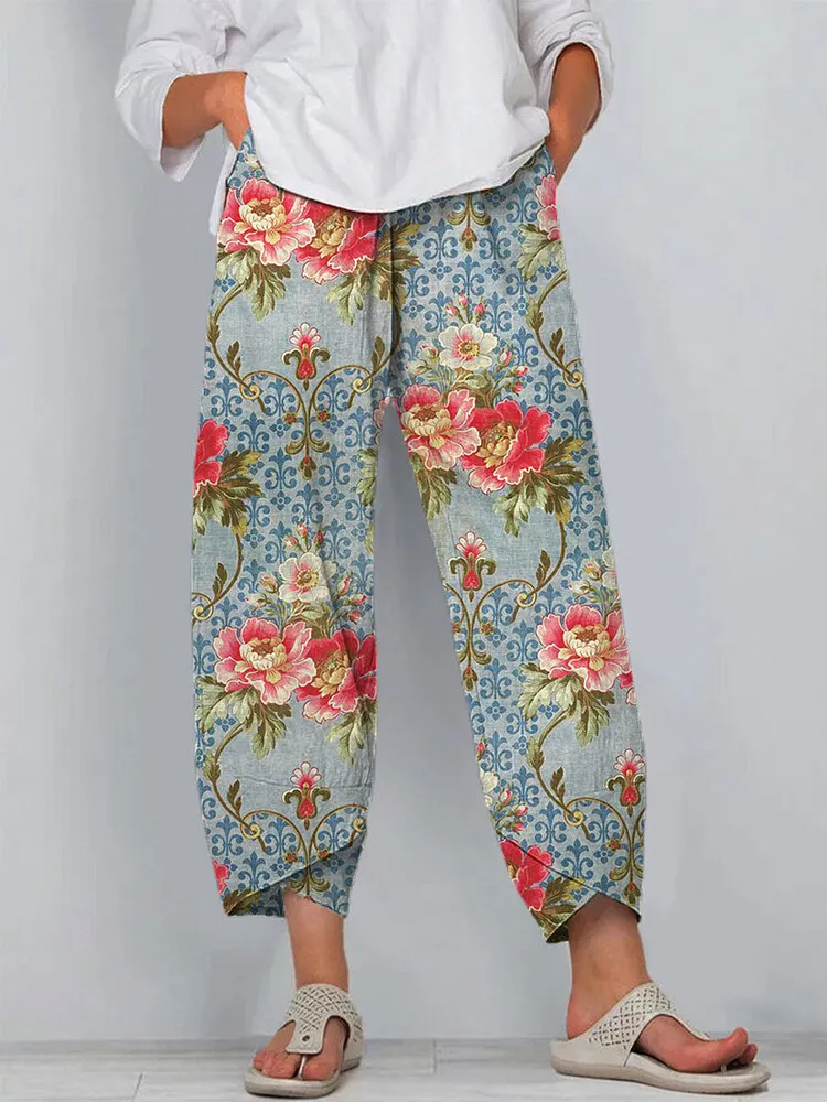 Women's Floral Art Printed Cotton And Linen Casual Pants