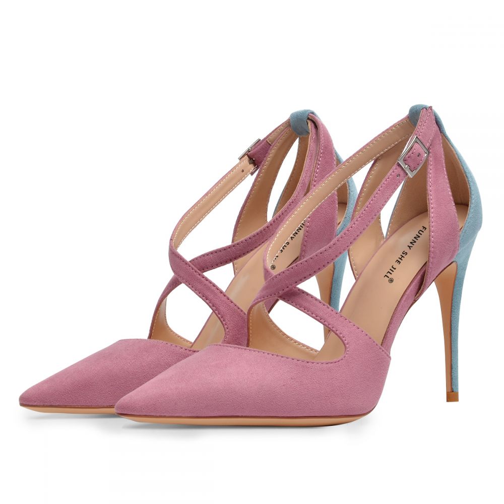 Pink & Blue Vegan Suede Cross Strap Cut Out Stiletto Heels Pumps Nicepairs