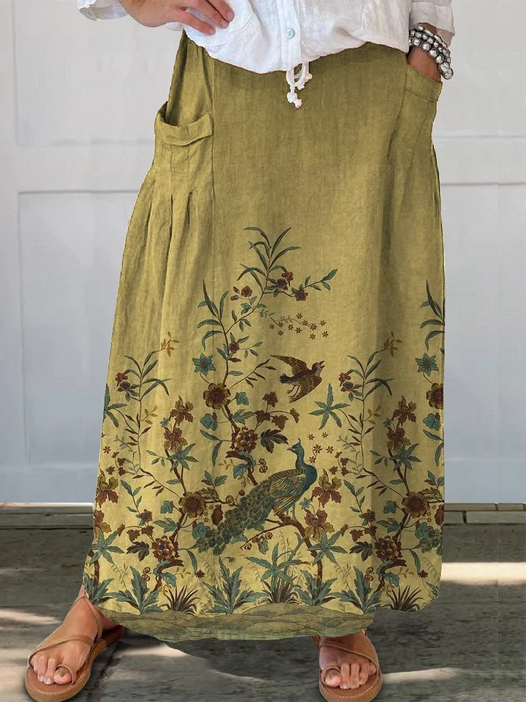 Women's Retro Floral Art Print Linen Pocket Skirt
