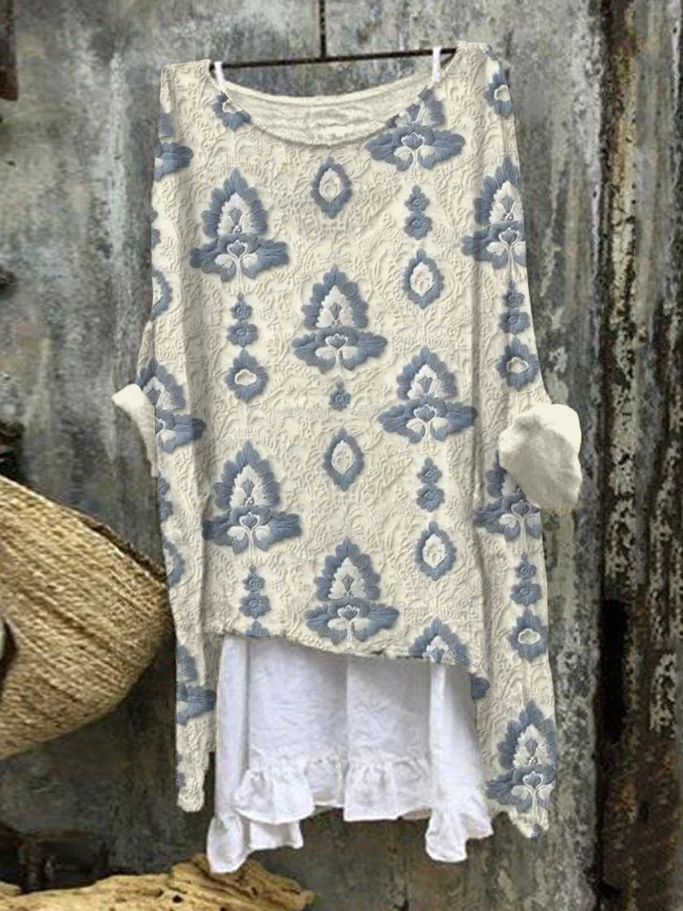 Vintage Floral Embroidered Lace Linen Blend Cozy Tunic