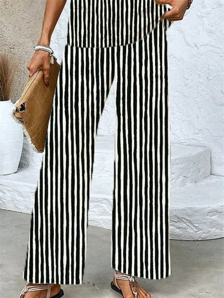 Women's Sleeveless Square Collar Striped Graphic Printed Casual Set