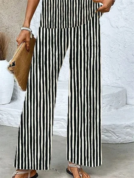 Women's Sleeveless Square Collar Striped Graphic Printed Casual Set