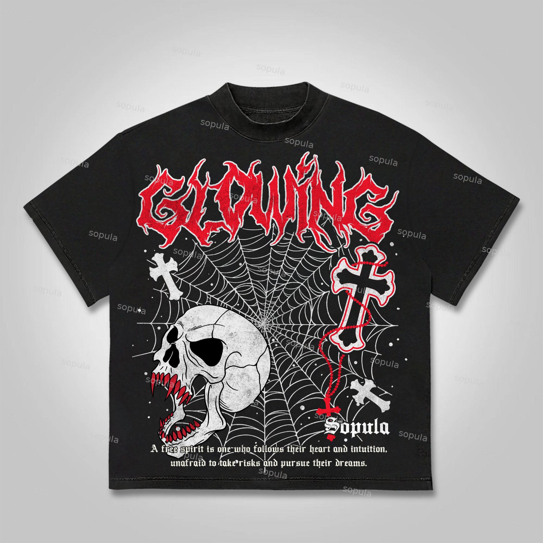Sopula Vintage Skull Spider Web Cross Cotton T-shirt