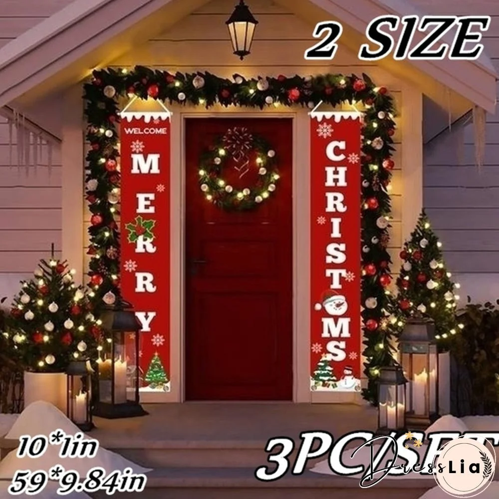 3 Pcs/set Merry Christmas Banner Door Curtain Xmas Tree Welcome Home Couplet Hanging Decoration(2pc 59in rectangle and 1pc 10in Square )with 3 Hooks and 3 Ropes
