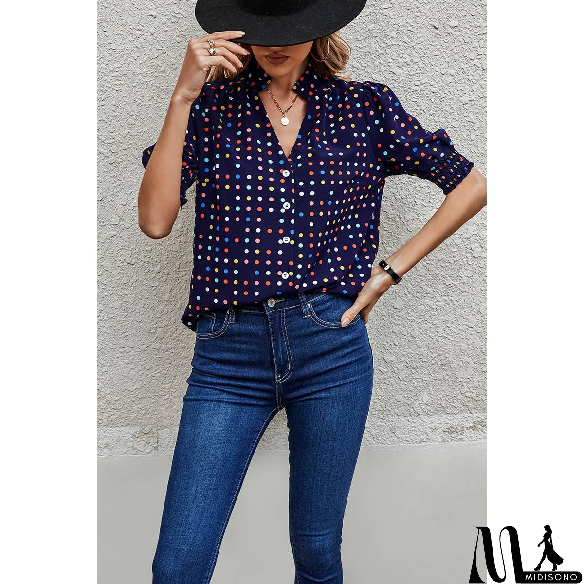 MidiSono - Polka Dot Print Puff Sleeve Button Shirt
